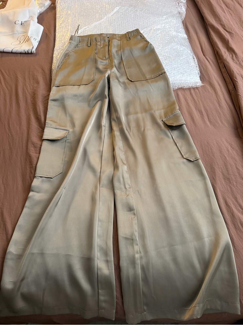 Fashion Nova Olive Wide-Leg Satin Cargo  Pants